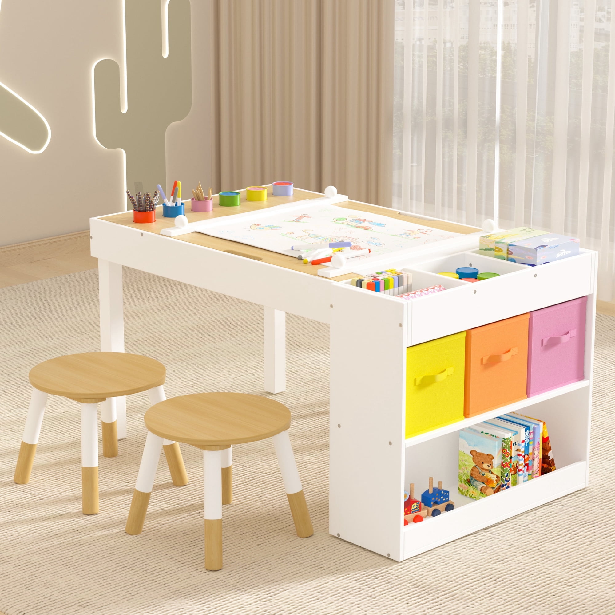 Reasea Kids Art Table and Chair Set,Kids Craft Table with Storage,6 Pen Holders,Paper Roll Holder